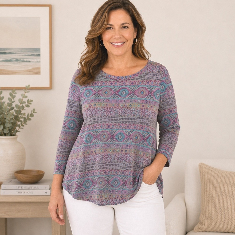 Fresh Produce USA Small Geometric Boho Top 3/4 Sleeve Purple Blue Artisan Print